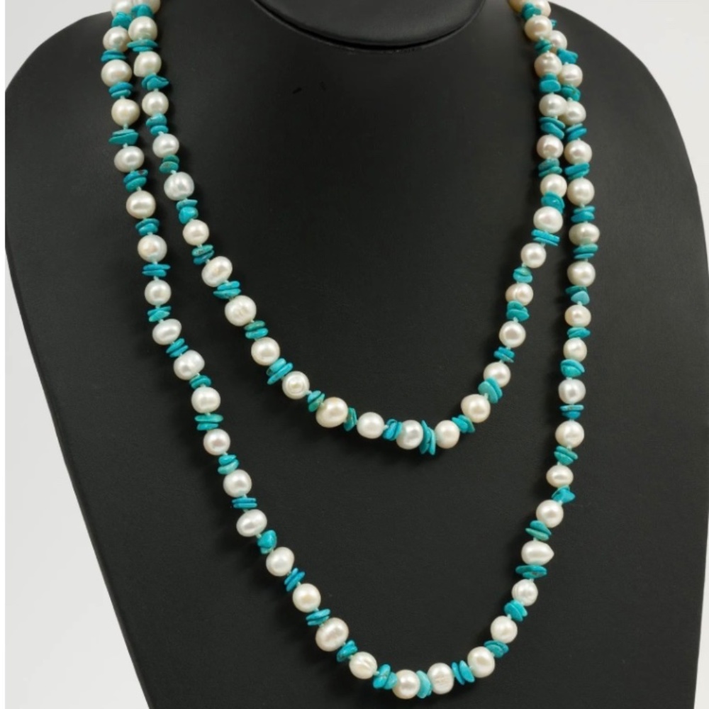 FRESHWATER PEARL WITH TURQUOISE CHIP SPACERS 48 INCHES WITH STERLING CLASP